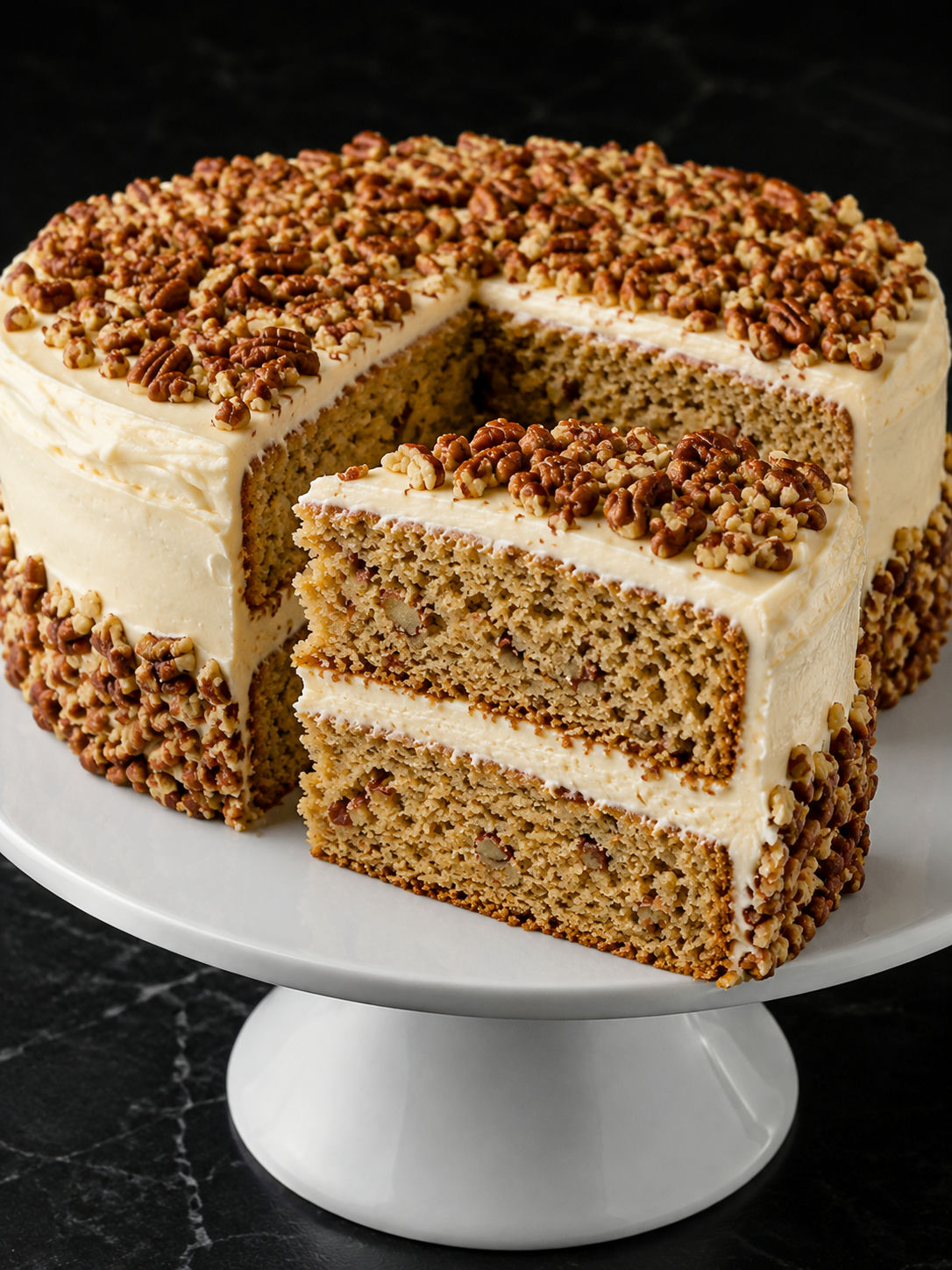 Tall slice of Southern butter pecan cake with cream cheese frosting and pecans