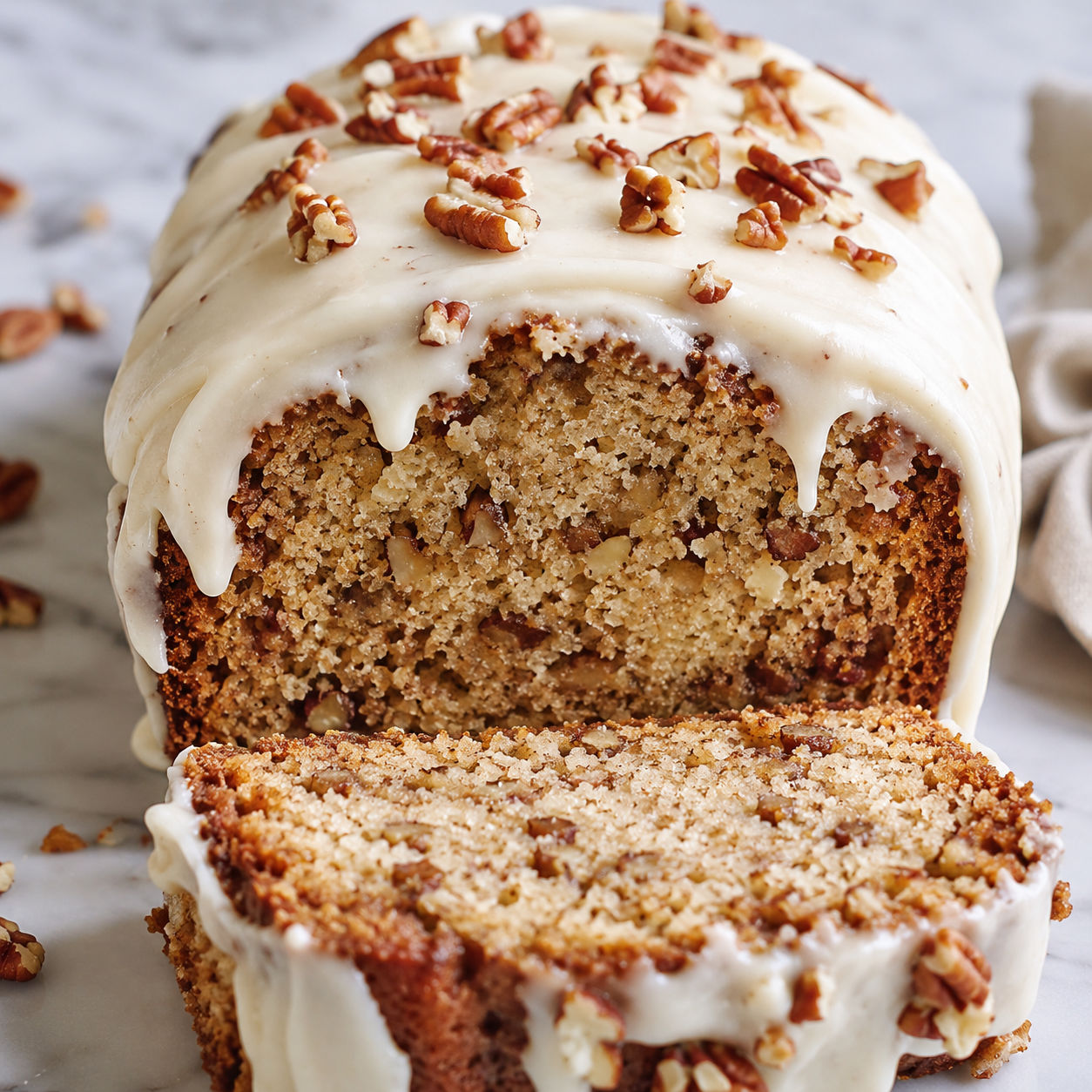 Butter pecan cake loaf with cream cheese icing and toasted pecans