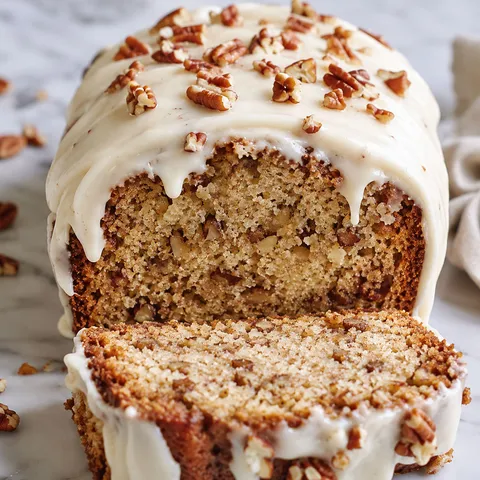 Butter pecan cake loaf with cream cheese icing and toasted pecans