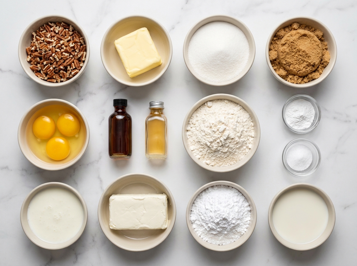 Ingredients for butter pecan loaf cake with cream cheese icing