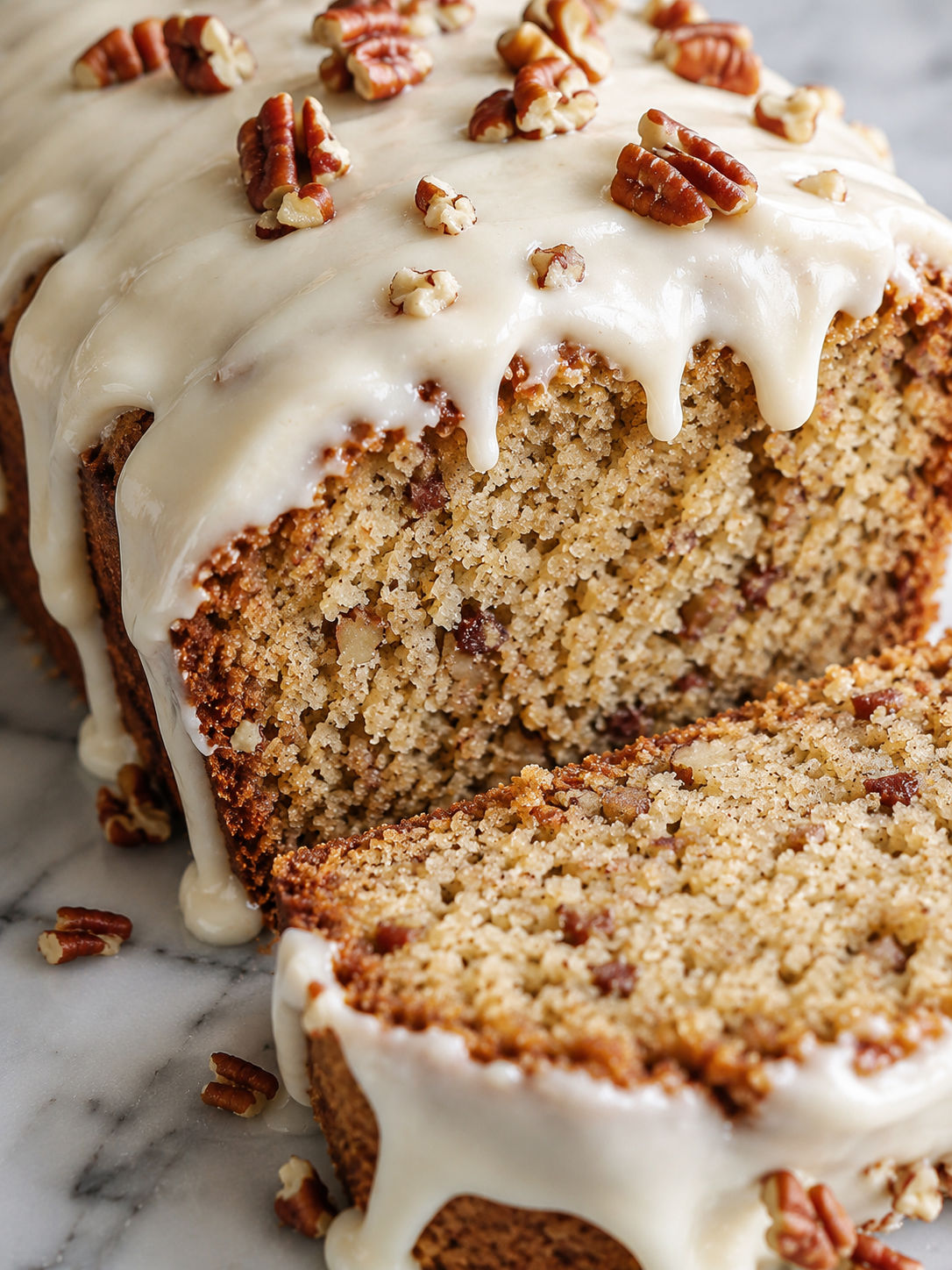 Butter Pecan Cake Loaf Recipe with Cream Cheese Icing, plated and served