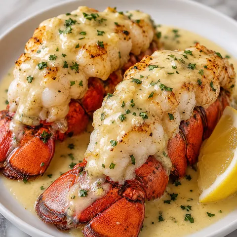 Butter-seared lobster tails with garlic cream sauce and parsley