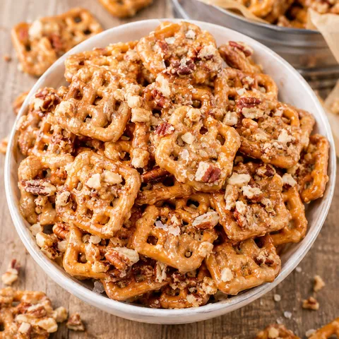 Butter toffee pretzels with toffee bits, pecans and flaky salt