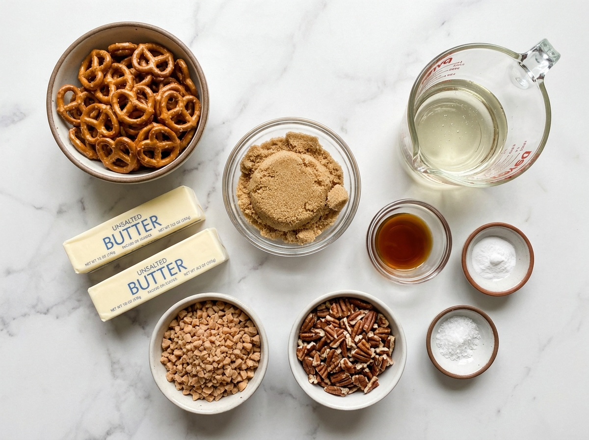 Ingredients for butter toffee pretzels with pretzels, butter, sugar and pecans
