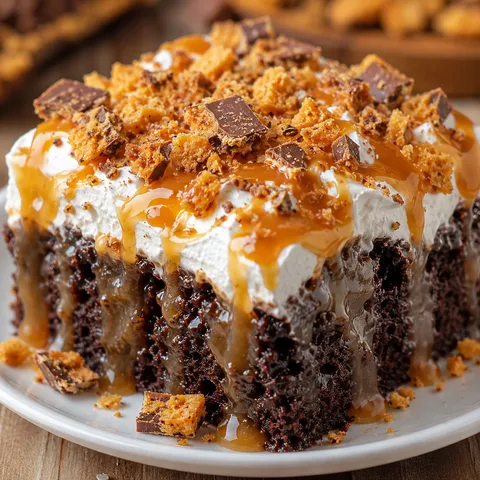 Butterfinger chocolate caramel poke cake with whipped topping and candy pieces