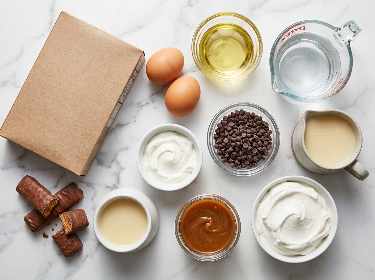 Ingredients for Butterfinger chocolate caramel poke cake on a kitchen counter