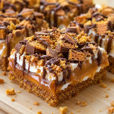 Butterfinger caramel bars with chocolate drizzle and candy pieces