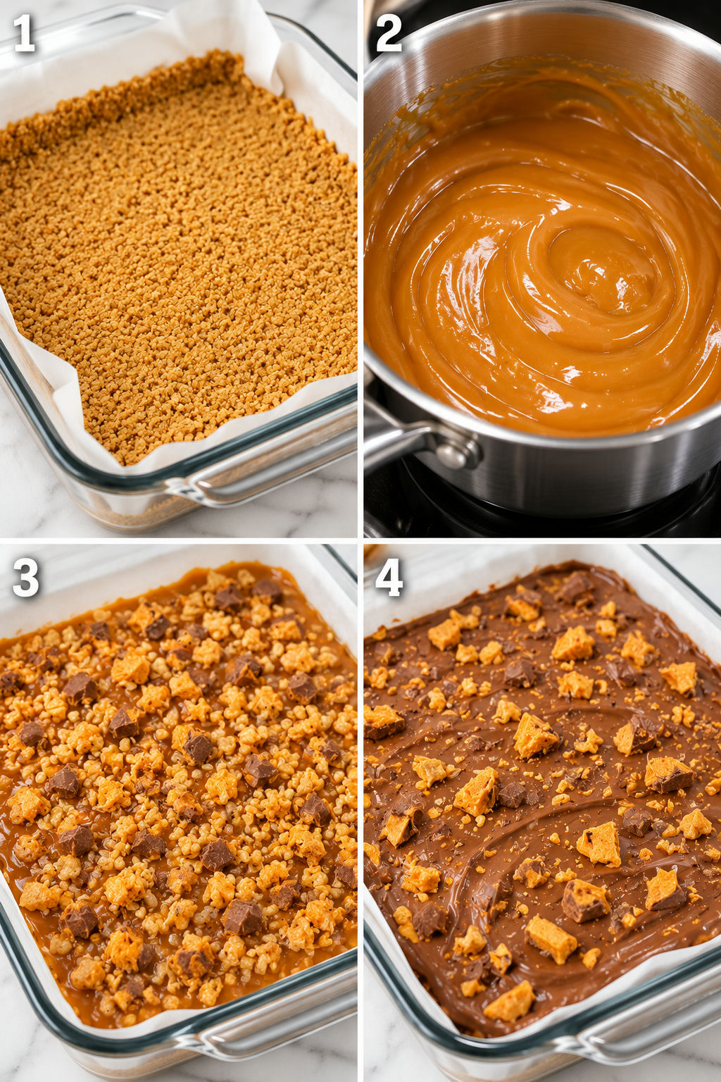 Four steps for making Butterfinger caramel crunch bars