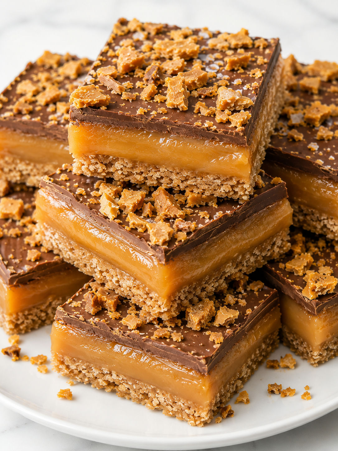 Stacked Butterfinger caramel crunch bars with glossy chocolate and candy shards