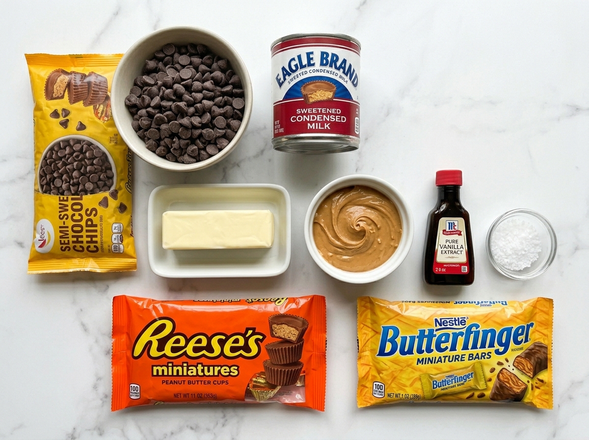 Chocolate chips, peanut butter, condensed milk, Butterfinger bars, and Reese's cups on marble