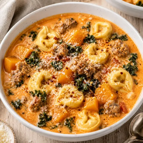 Butternut squash sausage tortellini soup with kale and parmesan