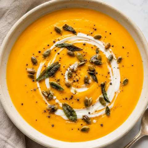 Butternut squash soup with cream swirl, pepitas, and fried sage