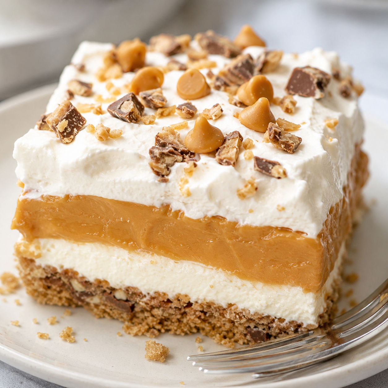 Butterscotch lush cake square with whipped topping and toffee bits