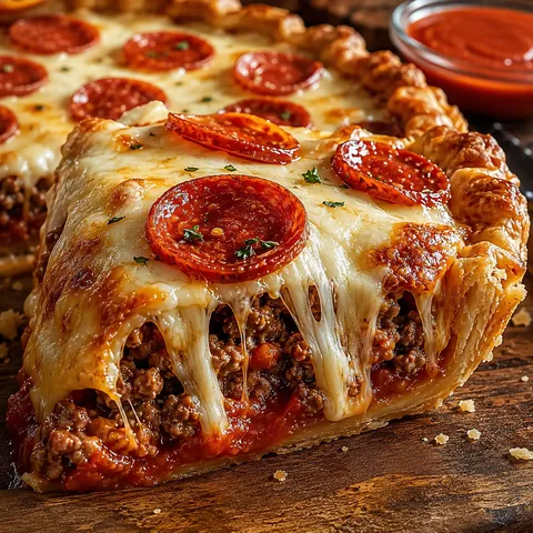 Pepperoni sausage beef pie with golden crust and melted cheese
