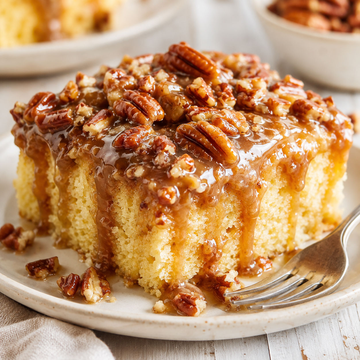 Buttery pecan praline poke cake slice with glossy sauce and toasted pecans