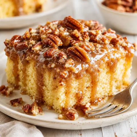Buttery pecan praline poke cake slice with glossy sauce and toasted pecans