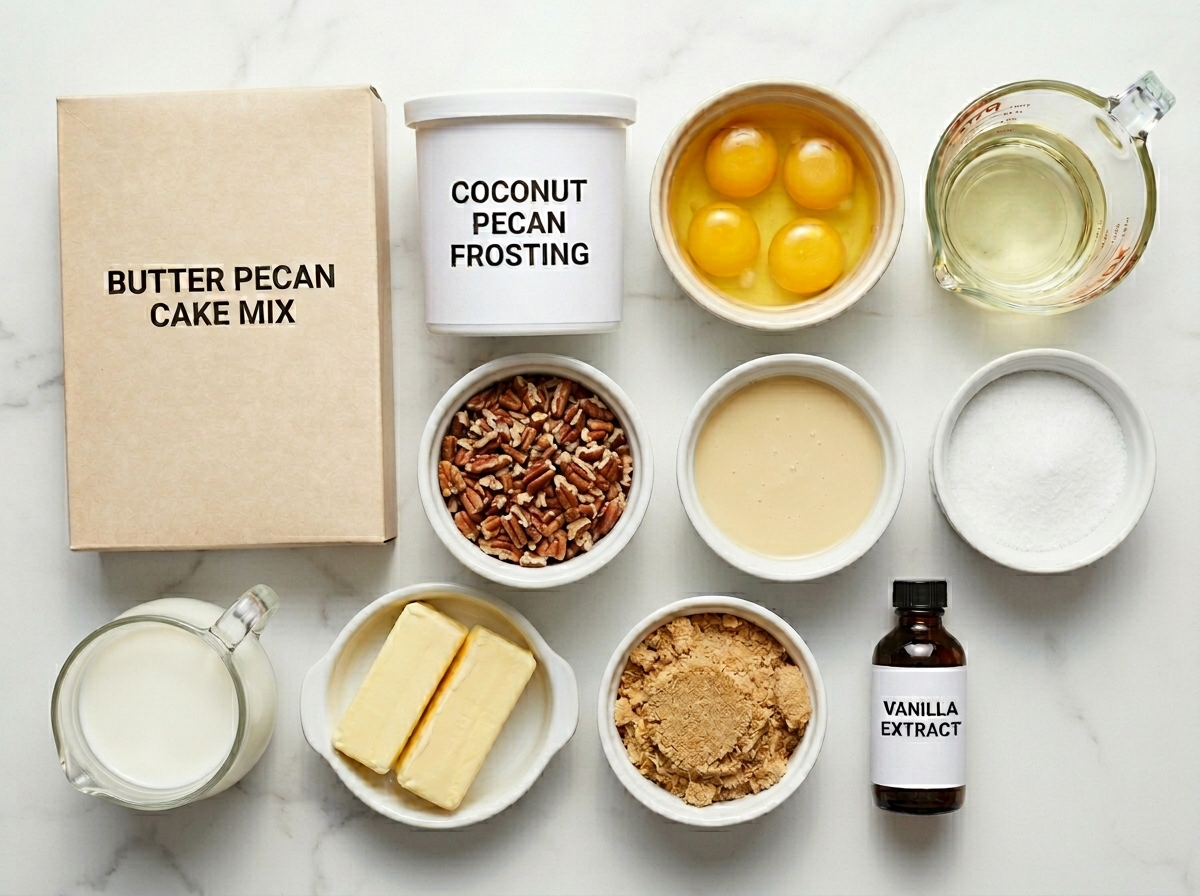 Ingredients for pecan praline poke cake with cake mix, pecans, and condensed milk