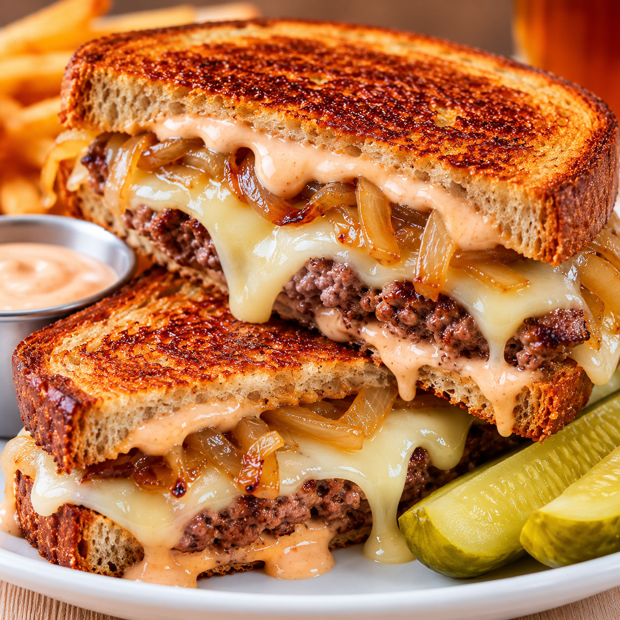 Buttery rye beef patty melt with Swiss cheese and confidential sauce