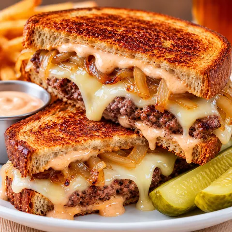 Buttery rye beef patty melt with Swiss cheese and confidential sauce