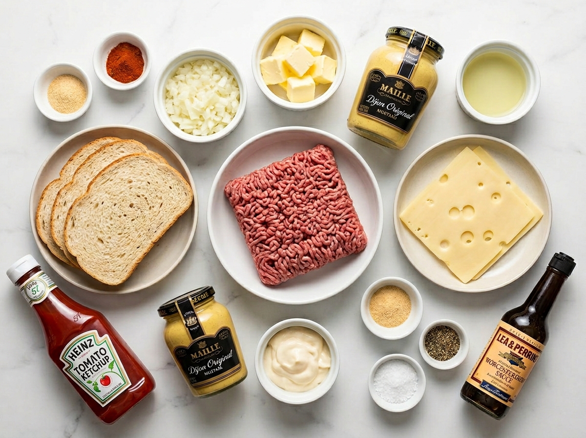 Ingredients for rye beef patty melts with Swiss cheese and sauce