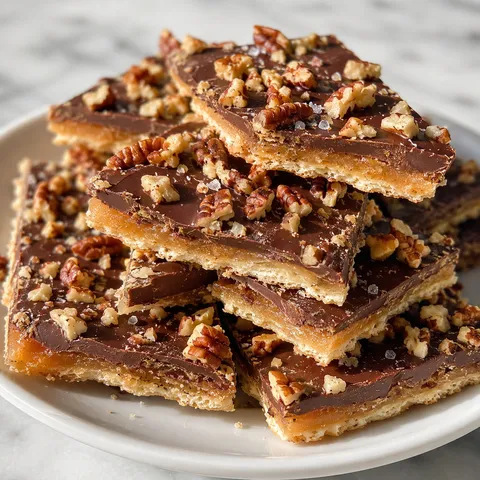 Buttery sweet saltine toffee with chocolate and pecans on a white plate