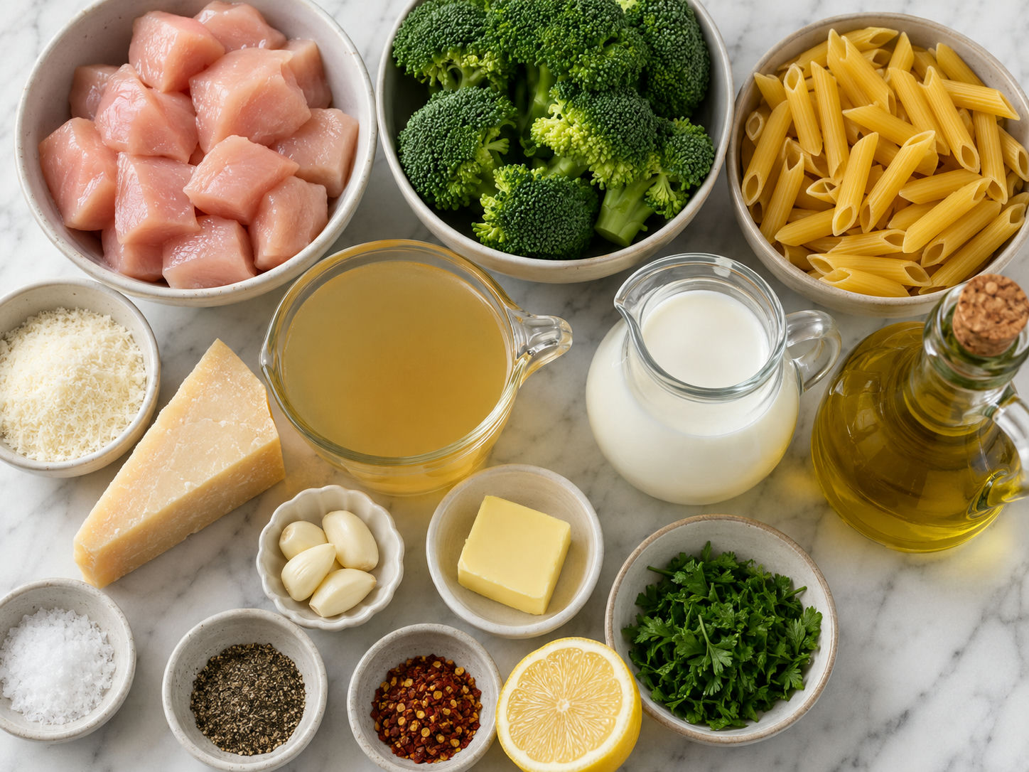 Ingredients for chicken and broccoli pasta with parmesan and garlic