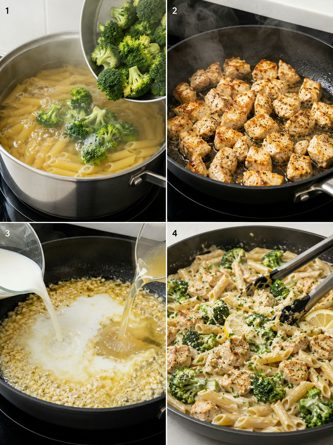 Four cooking steps for chicken and broccoli pasta in a kitchen