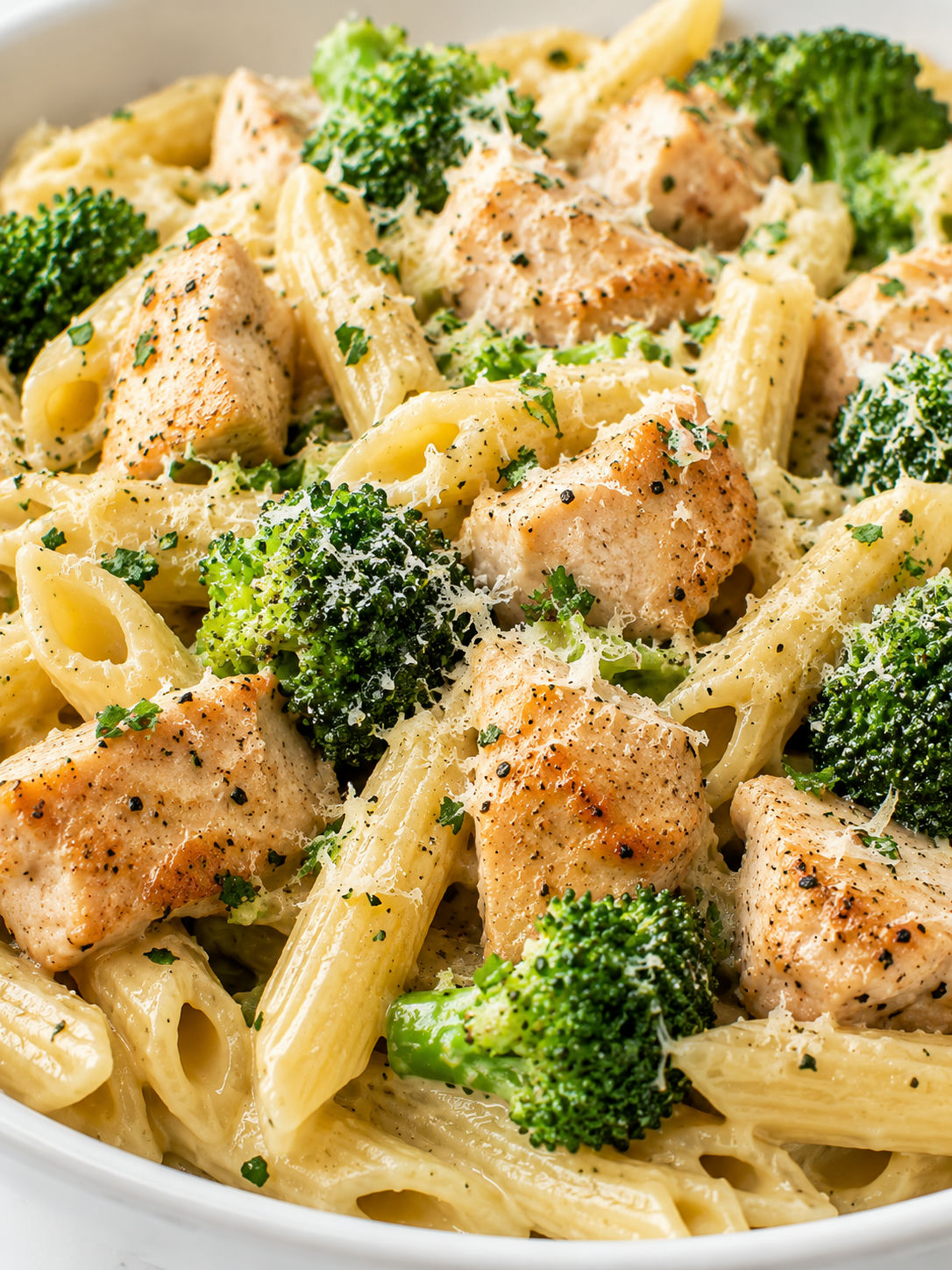 Creamy chicken and broccoli pasta with parmesan and parsley