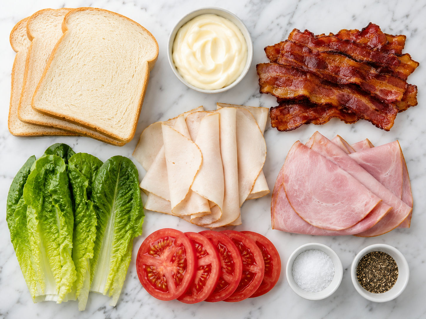 Ingredients for a classic club sandwich with bread, bacon, turkey, and tomato
