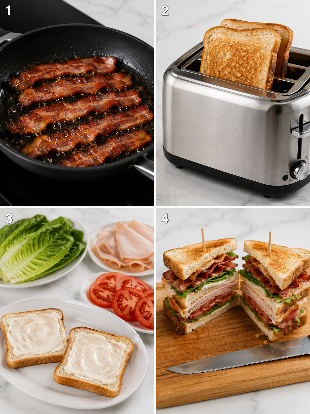 Four steps for making a classic club sandwich from bacon to cutting