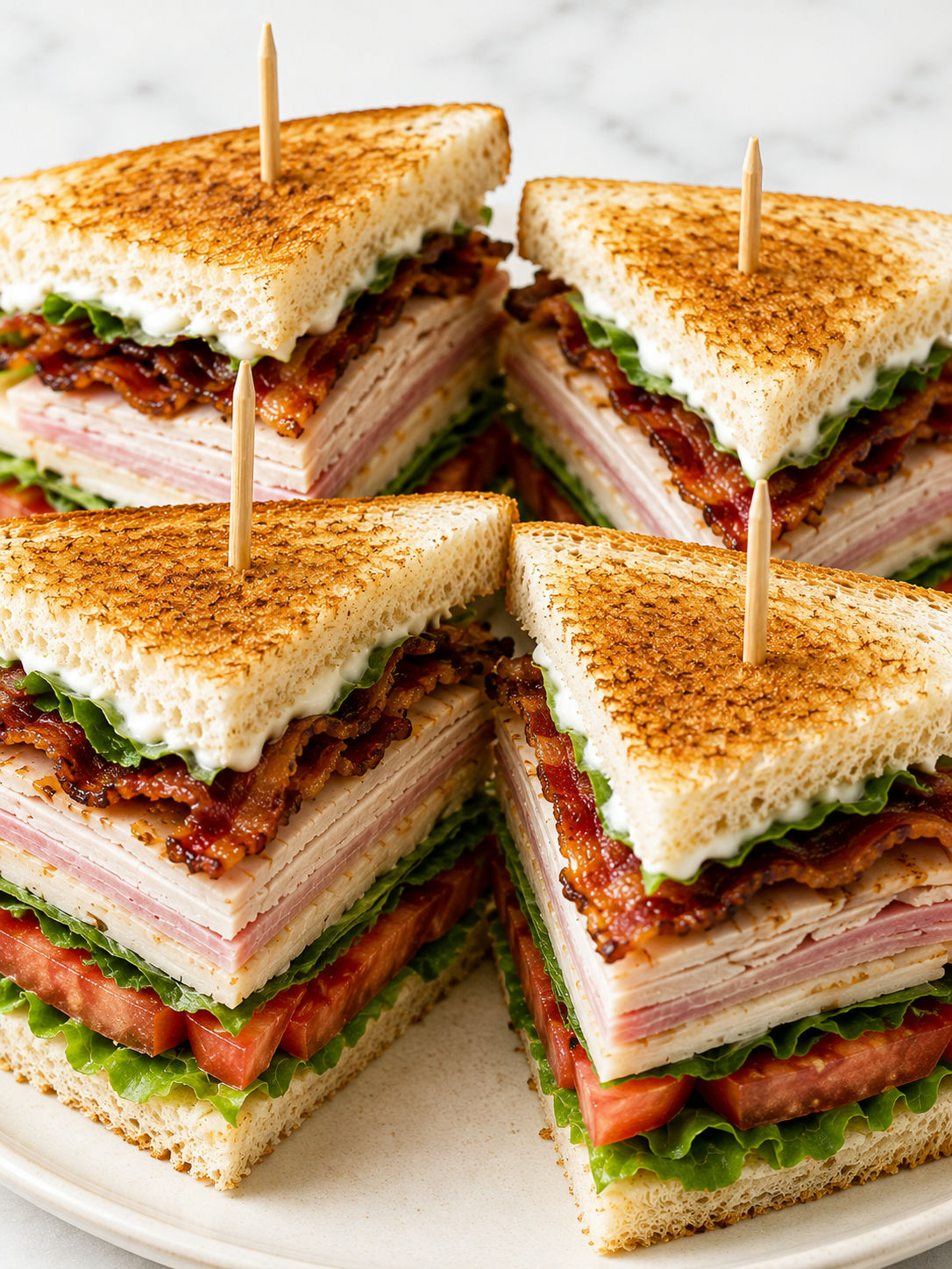 Tall classic club sandwich with crisp bacon, turkey, lettuce, and tomato