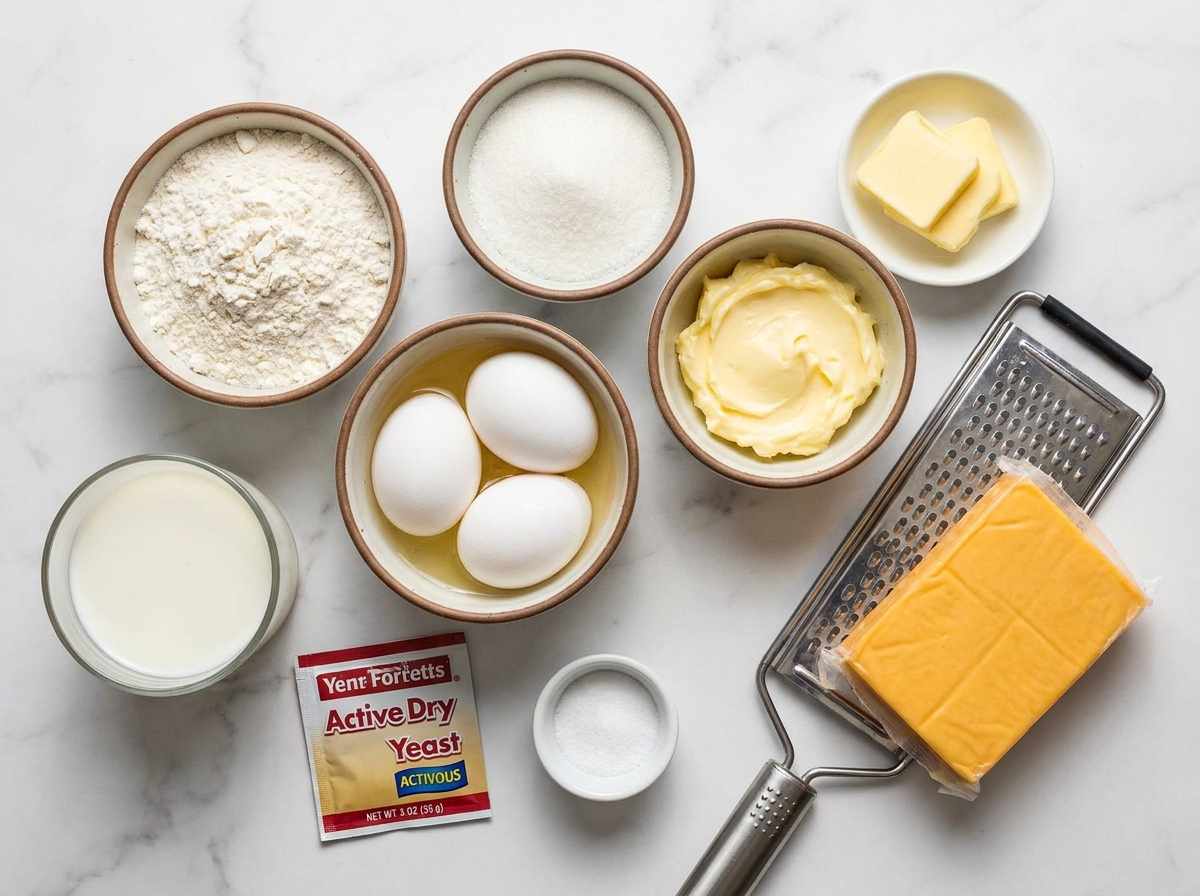 Raw ingredients for classic ensaymada bread including flour, eggs, butter, milk, yeast, sugar, and cheddar cheese on marble