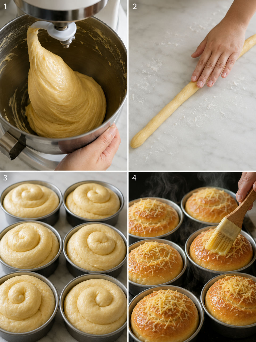 Four steps of making ensaymada bread from kneading to rolling, proofing, and topping with butter and cheese