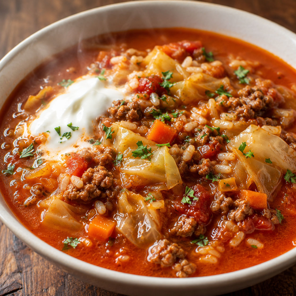 Cabbage roll soup with beef, rice, tomato broth, cabbage, and parsley