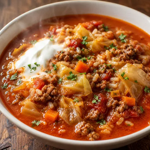 Cabbage roll soup with beef, rice, tomato broth, cabbage, and parsley