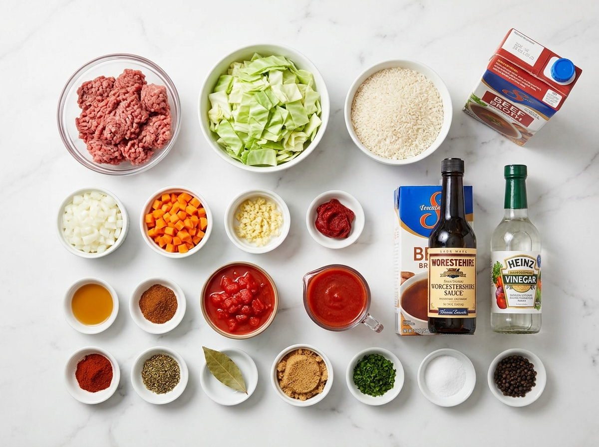 Ingredients for cabbage roll soup with beef, cabbage, rice, and tomatoes
