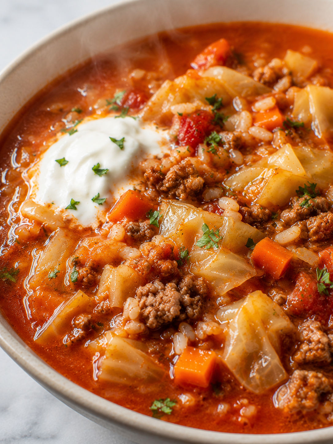 Cabbage Roll Soup, plated and served