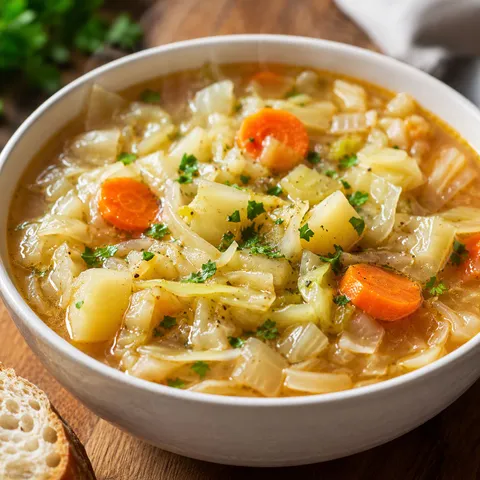 Hearty cabbage soup with potatoes, carrots, and fresh parsley in a ceramic bowl