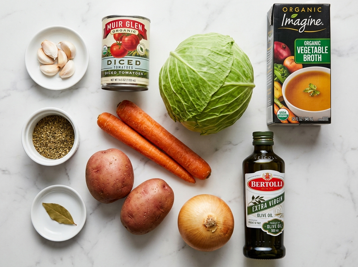 Raw ingredients for cabbage soup on a wooden board