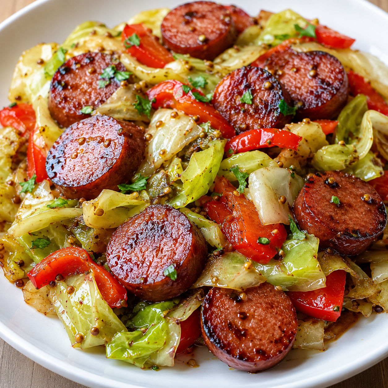 Cabbage and kielbasa skillet with red bell pepper and parsley
