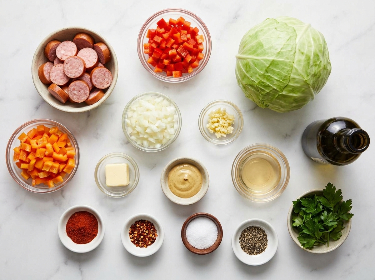 Ingredients for cabbage and kielbasa skillet with mustard