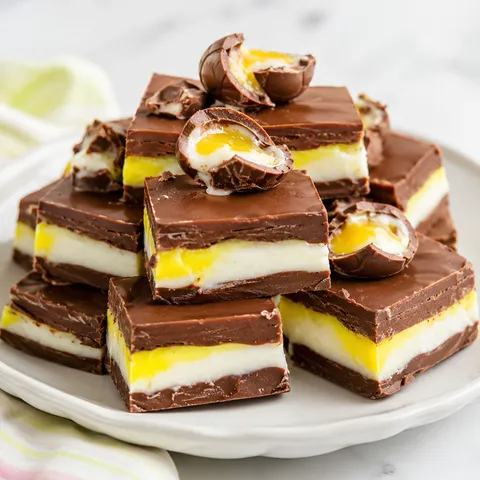 Cadbury egg fudge squares with chocolate layers and yellow creme centers