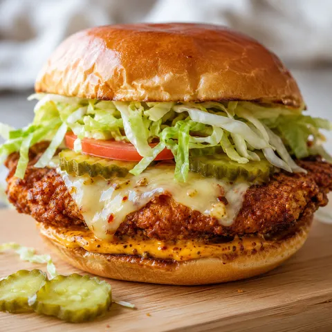 Cajun chicken sandwich with melted pepper jack, lettuce, tomato, and pickles
