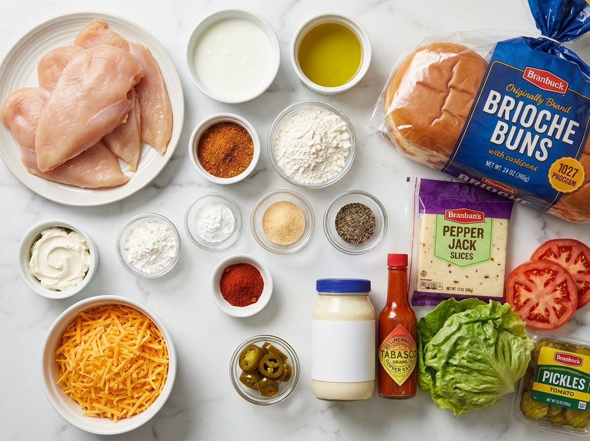 Ingredients for Cajun chicken sandwiches with cheese, buns, and jalapenos
