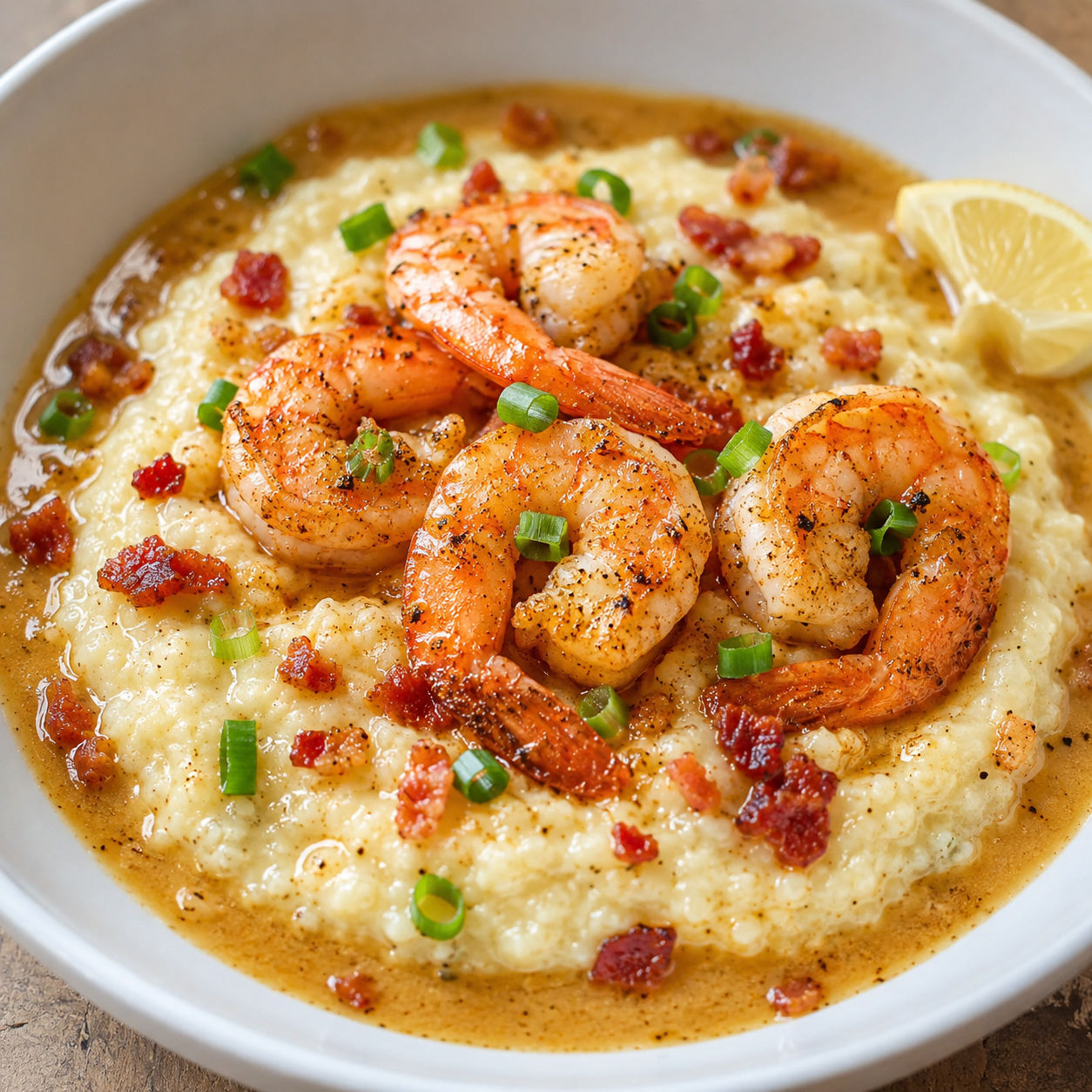 Cajun shrimp over creamy cheddar grits with bacon and green onions