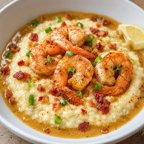 Cajun shrimp over creamy cheddar grits with bacon and green onions