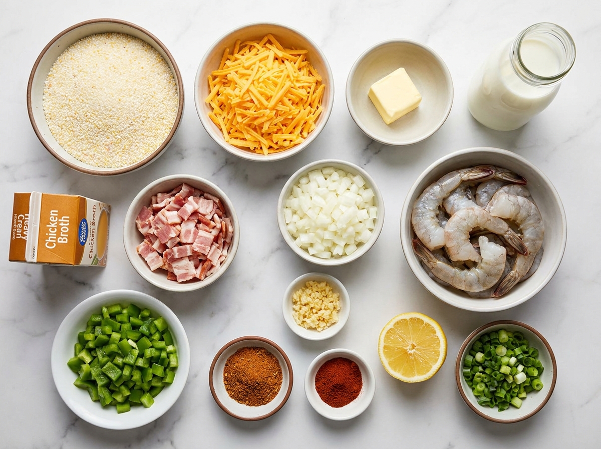Ingredients for Cajun shrimp and cheddar grits on a wooden surface
