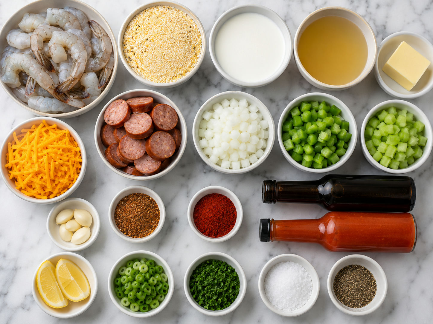 Ingredients for Cajun shrimp and grits with andouille and cheddar