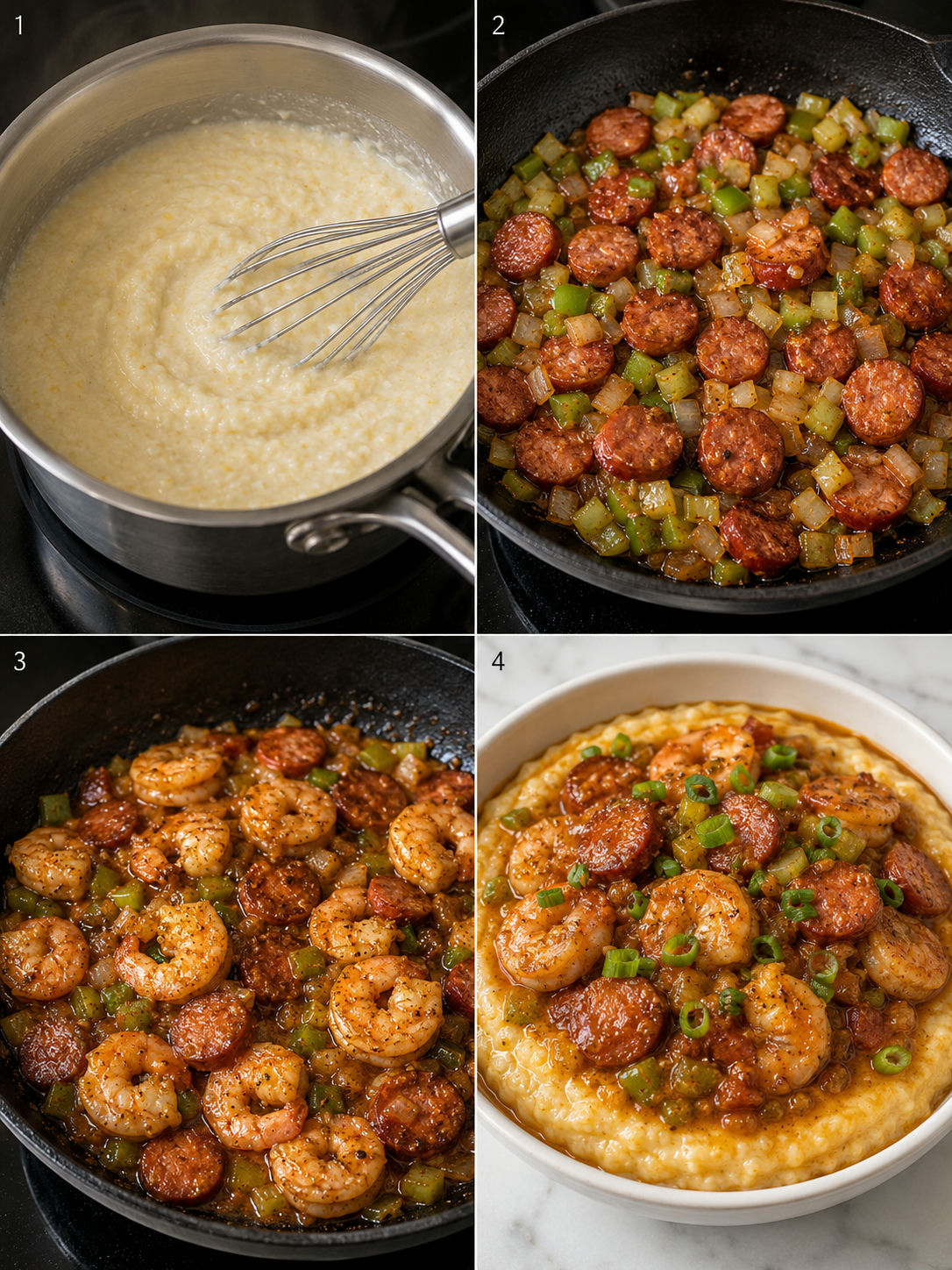 Four cooking steps for Cajun shrimp and grits with andouille