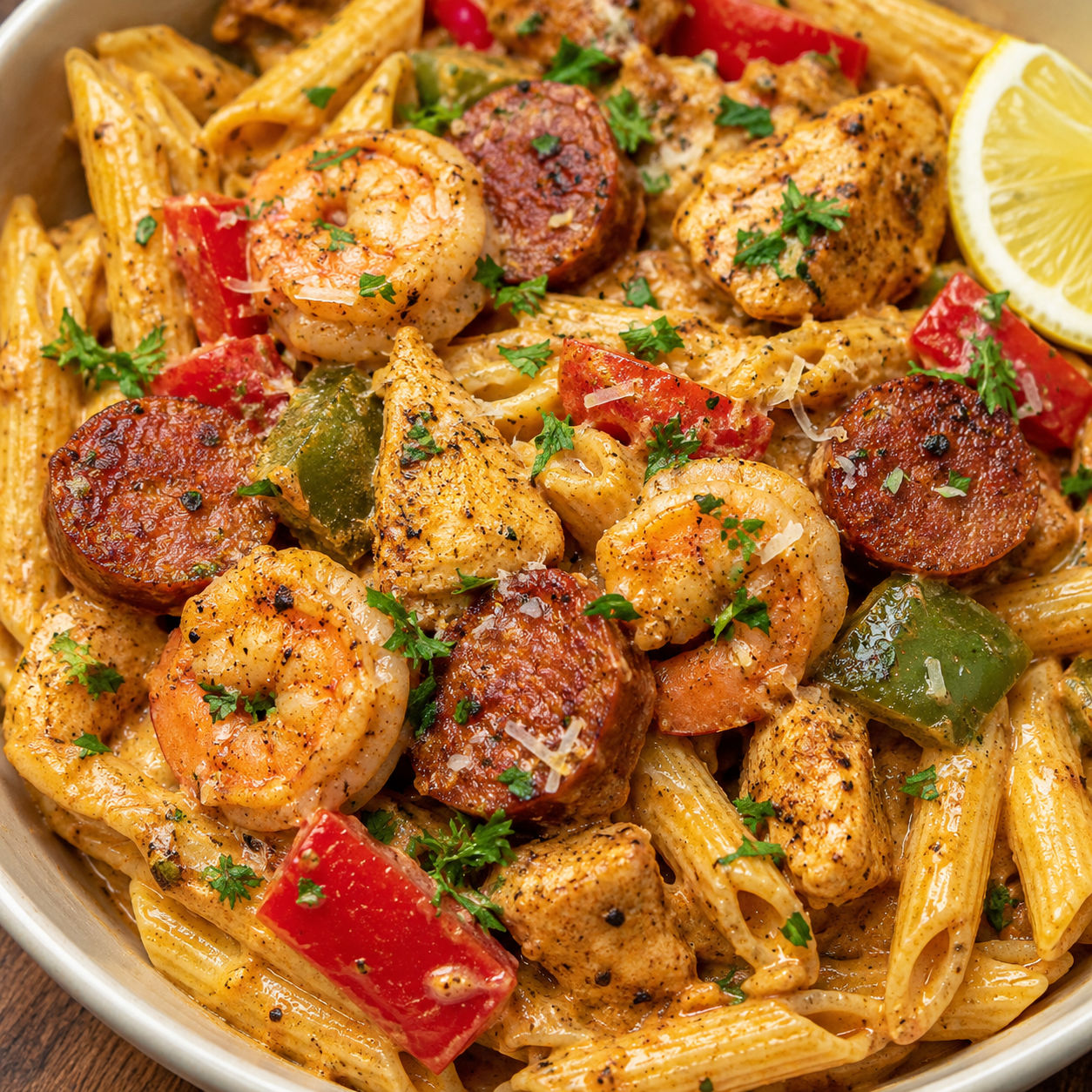 Cajun shrimp chicken pasta with andouille sausage and peppers